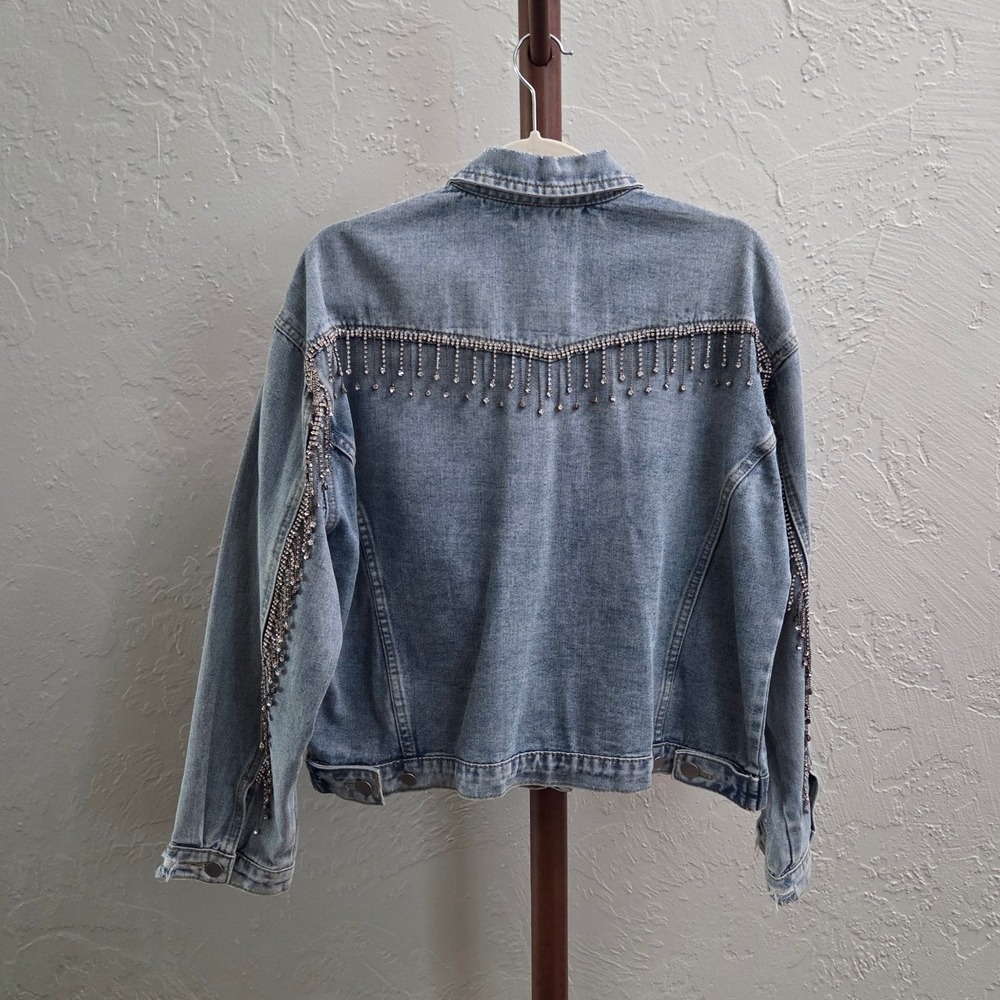 J99. Rhinestone Fringe Distressed Denim Jacket